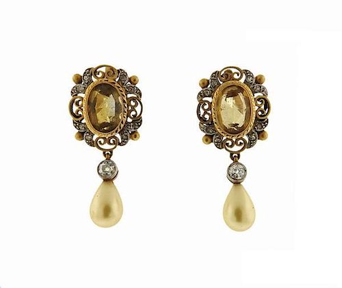 Continental 18K Gold Platinum Diamond Brown Stone Pearl Earrings