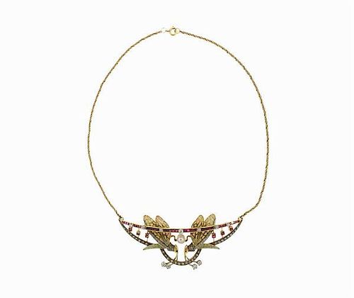 Art Nouveau 18K Gold Diamond Red Stone Pearl Plique a Jour Necklace