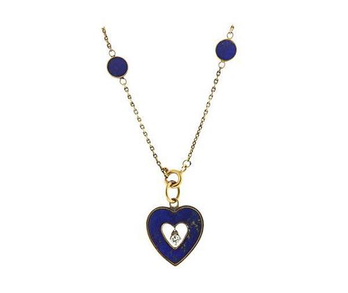 14K Gold Lapis Diamond Heart Pendant Station Necklace