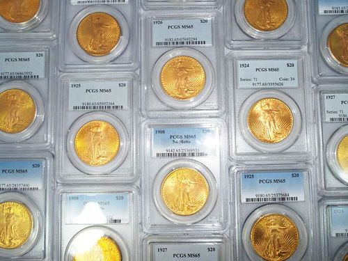 Constitutional U.S. Gold $20 Saint Gaudens PCGS MS65 (10-coins)