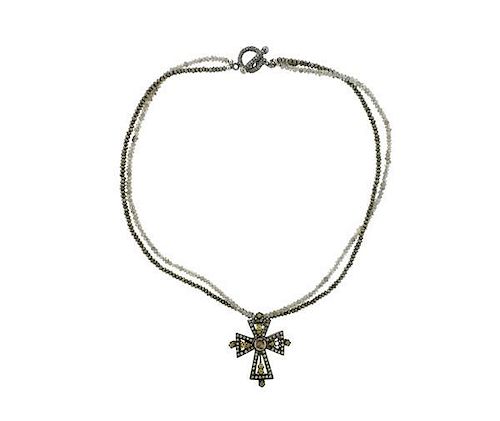 Silver Labradorite Hematite Diamond Cross Pendant Necklace
