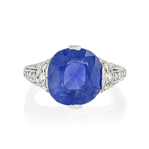 Antique 6.05-Cart Burmese Unheated Sapphire and Diamond Ring, SSEF Certified