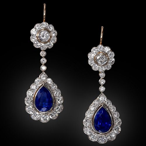BEAUTIFUL AND FINE PAIR OF SAPPHIRE AND DIAMOND DROP EARRINGS