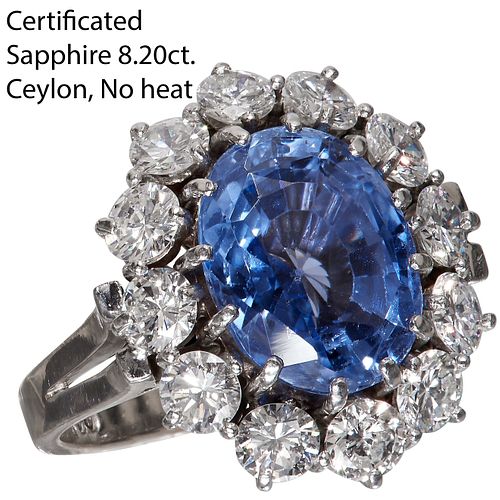 CERTIFICATED 8.20 ct. CEYLON NO HEAT SAPPHIRE AND DIAMOND 3-STONE RING