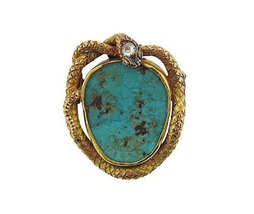 Antique 14K Gold Turquoise Diamond Snake Brooch Pendant