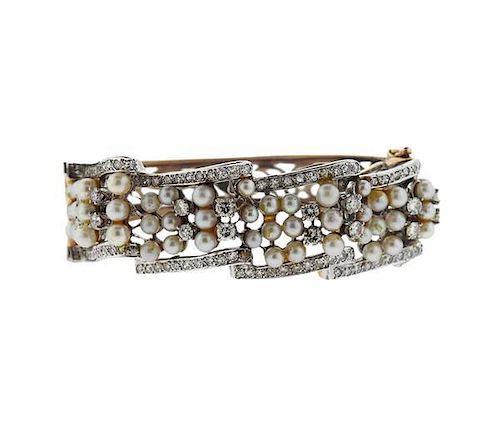 Mid Century 14K Gold Diamond Pearl Bangle Bracelet