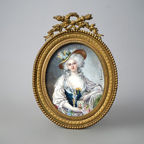 French Miniature Watercolor Portrait Painting In Gilt Bronze Frame by H. Derrise