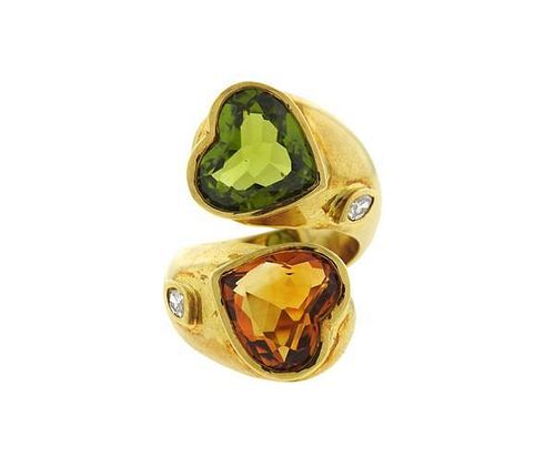 18K Gold Diamond Green Stone Yellow Stone Heart Bypass Ring
