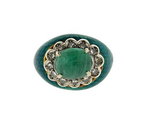 18K Gold Emerald Enamel Diamond Dome Ring