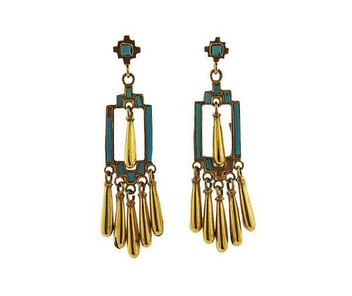 Antique 14K Gold Turquoise Dangle Earrings