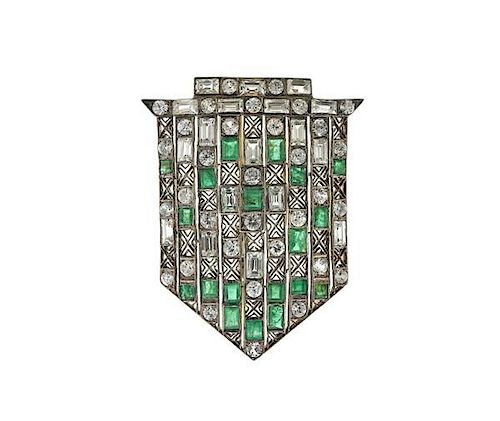 Art Deco Platinum Emerald Clear Stone Brooch Pin
