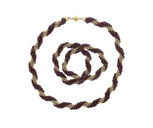 Mid Century 14K Gold Gemstone Necklace Bracelet Set