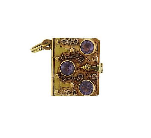 Italian 18K Gold Purple Stone Book Locket Charm
