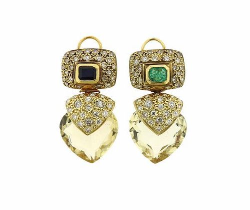 14K Gold Diamond Sapphire Emerald Gemstone Earrings