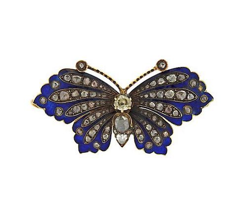 Antique Victorian 14K Gold Diamond Enamel Butterfly Brooch