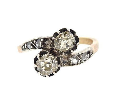Antique 14K Gold Silver Diamond Bypass Ring