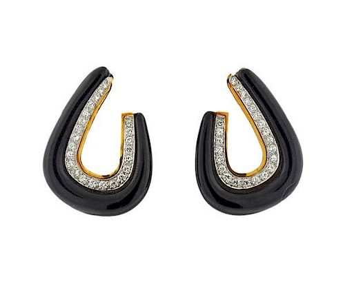 David Webb 18K Gold Platinum Diamond Black Enamel Earrings