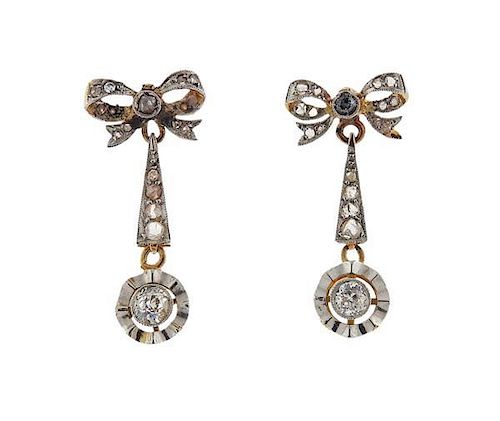 Antique 18K Gold Platinum Diamond Bow Earrings