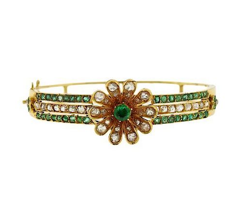 Antique 14K Gold Emerald Diamond Bangle Bracelet