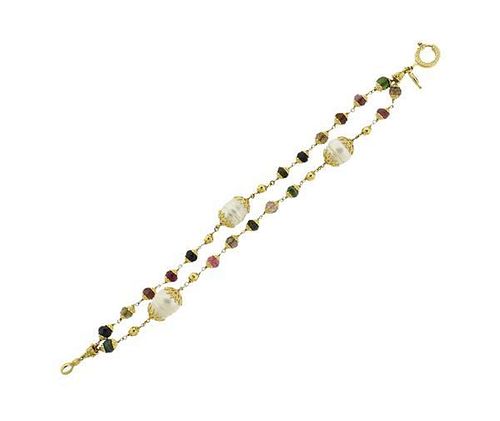 18K Gold Pearl Multi Color Gemstone Bracelet