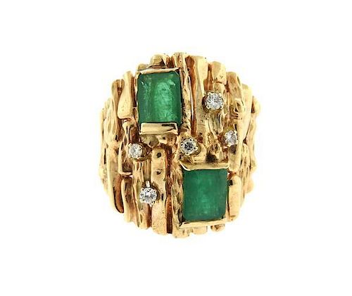 1970s 14K Gold Emerald Diamond Ring