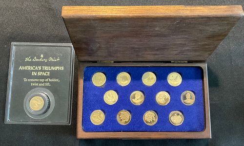 1979 Group of 13 America's Triumph in Space 14 kt Gold Medal Collection The Danbury Mint with Display Case
