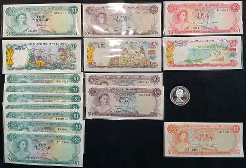 1973 Bahamas 2 Dollar Silver Coin and 1968 - 1974 Bahamas Bank Notes