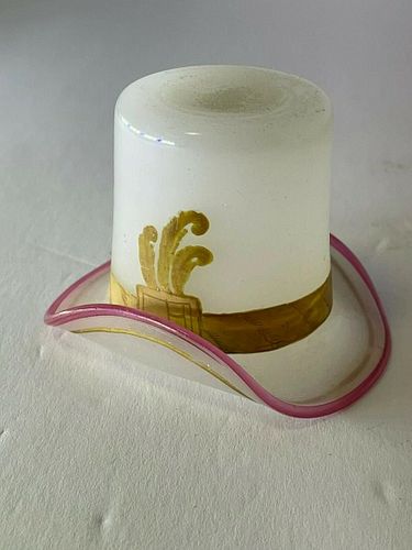 ANTIQUE FRENCH OPALINE WHITE GLASS HAT WITH PINK EDGE