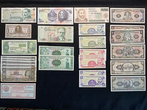 Group of 27 Central American and South American Banknotes Mixed Dates and Denominations