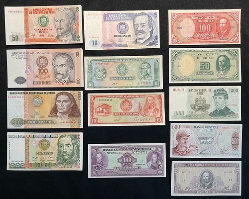 Group of 64 Banknotes from Chile, Peru, Venezuela Mixed Dates and Denominations