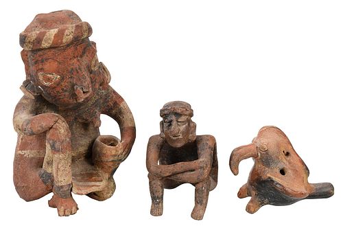 Two Pre Columbian Style Seated Figures and One Bird Whistle