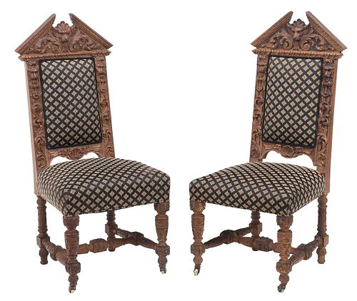 Pair of Italian Renaissance Style Carved Oak Side Chairs