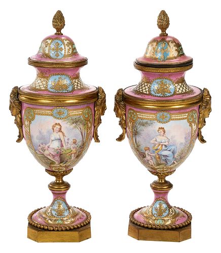 Pair of French Gilt Bronze Mounted Porcelain Lidded Vases