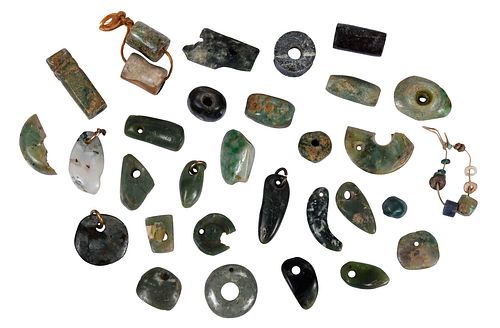 Group of 30 Assorted Mesoamerican Carved Jade Objects, Beads and Fragments