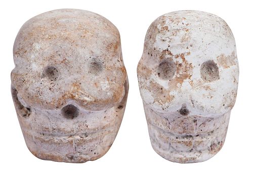 Two Mesoamerican Carved Shell Skull Pendants