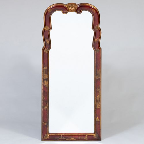 Pair of Queen Anne Style Red Lacquer and Parcel-Gilt Chinoiserie Decorated Mirrors, by Atelier Midavaine 