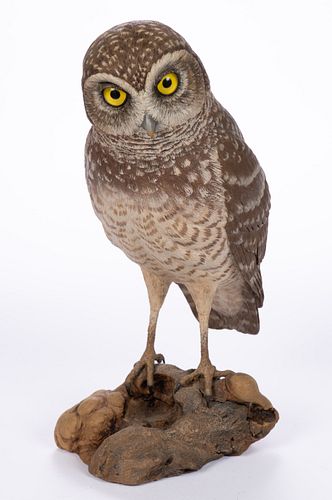 ARTIST SIGNED CARVED AND PAINTED BURROWING OWL FIGURE
