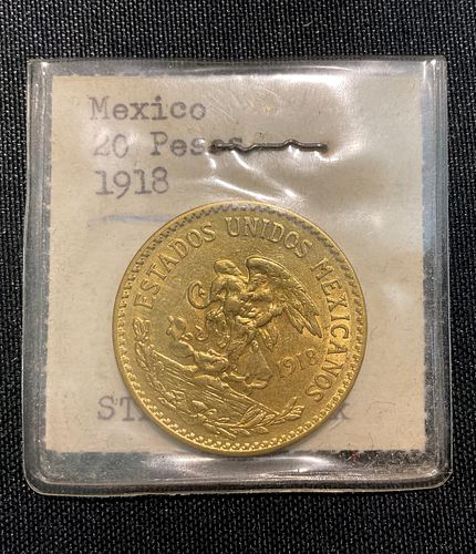 1918 Mexico 20 Peso Gold Coin Aztec Calendar