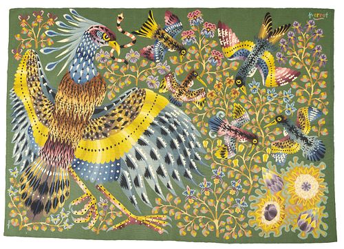 NO RESERVE -  Mid-Century French Tapestry Signed Parrot