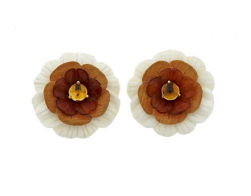18K Gold Resin Citrine Quartz Wood Flower Earrings
