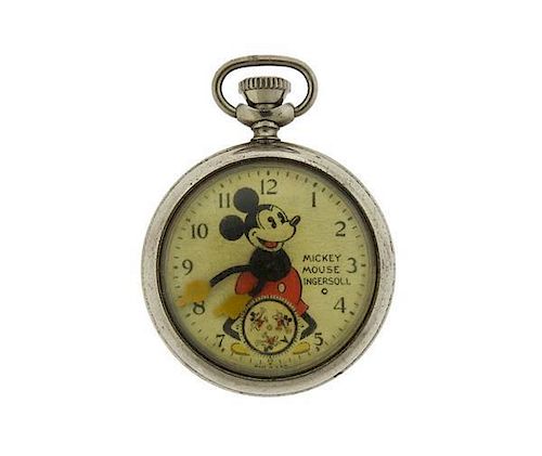 1930s Ingersoll Mickey Mouse Stainless Steel Pocket Watch