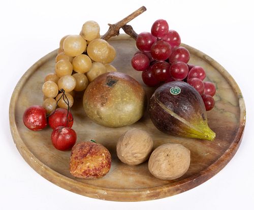 ASSORTED FIGURAL STONE FRUIT WITH ALABASTER TRAY, LOT OF NINE