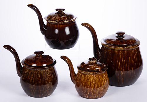 AMERICAN BENNINGTON ATTRIBUTED ROCKINGHAM-GLAZED POTTERY PIPKINS WITH COVERS, LOT OF FOUR
