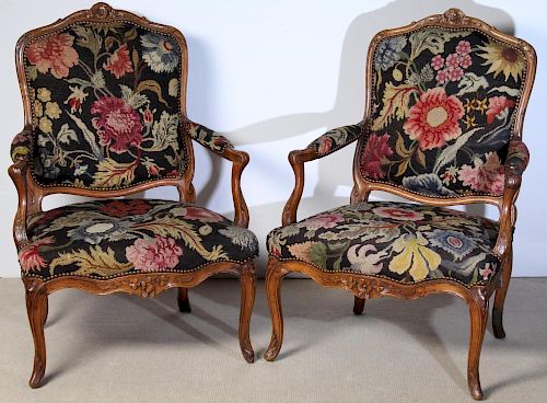 Pair Of Louis XV-Style Walnut Fauteuil Chairs