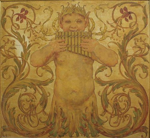 German Oil on Canvas Board- Piping Faun & Acanthus