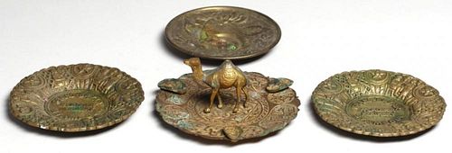 4 Islamic Incised & Hammered Brass Dishes