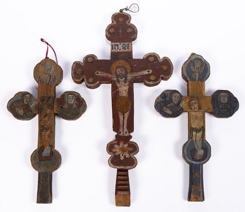 VINTAGE MEXICAN CARVED AND PAINTED WOODEN CROSSES, LOT OF THREE