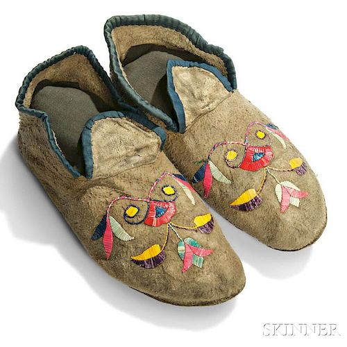 Eastern Sioux Quill-decorated Hide Moccasins
