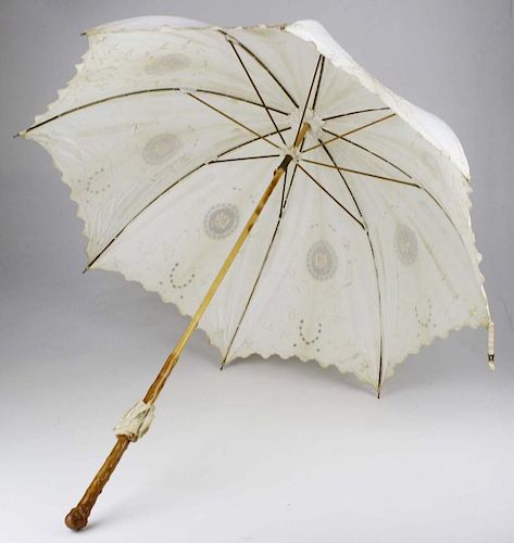 Late 19Th C. Victorian Embroidered White Cotton Parasol