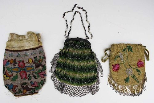 3 Mid 19Th C. Victorian Beaded Handbags Including